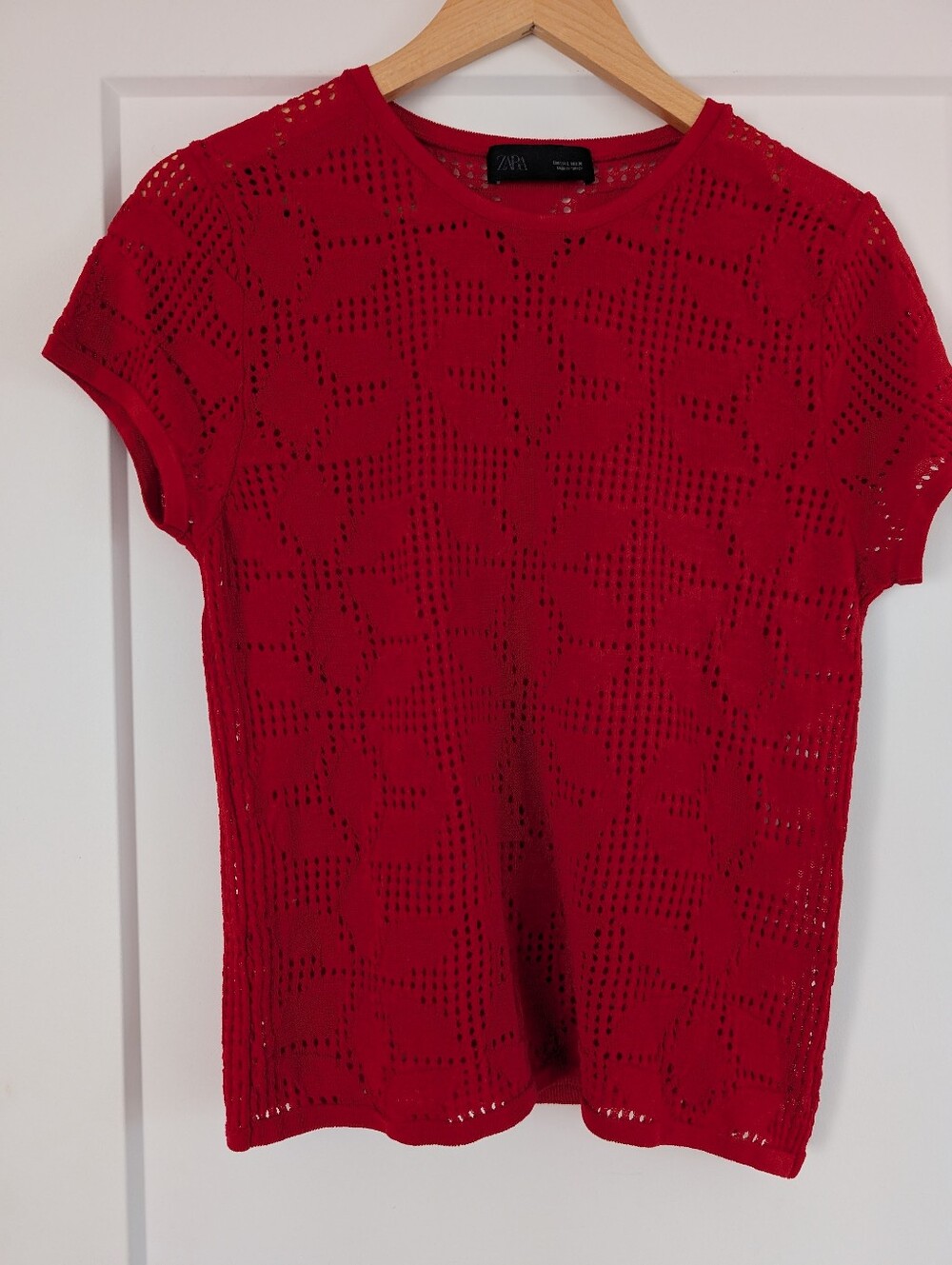 Red Short-Sleeve Open-Knit Top - Women